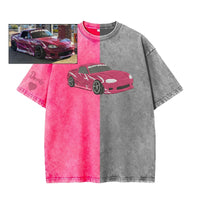 Maßgeschneidertes zweifarbiges Vintage-Wasch-T-Shirt mit vollfarbiger Auto-Stickerei – Personalisiertes Geschenk mit Autofoto 🚗
