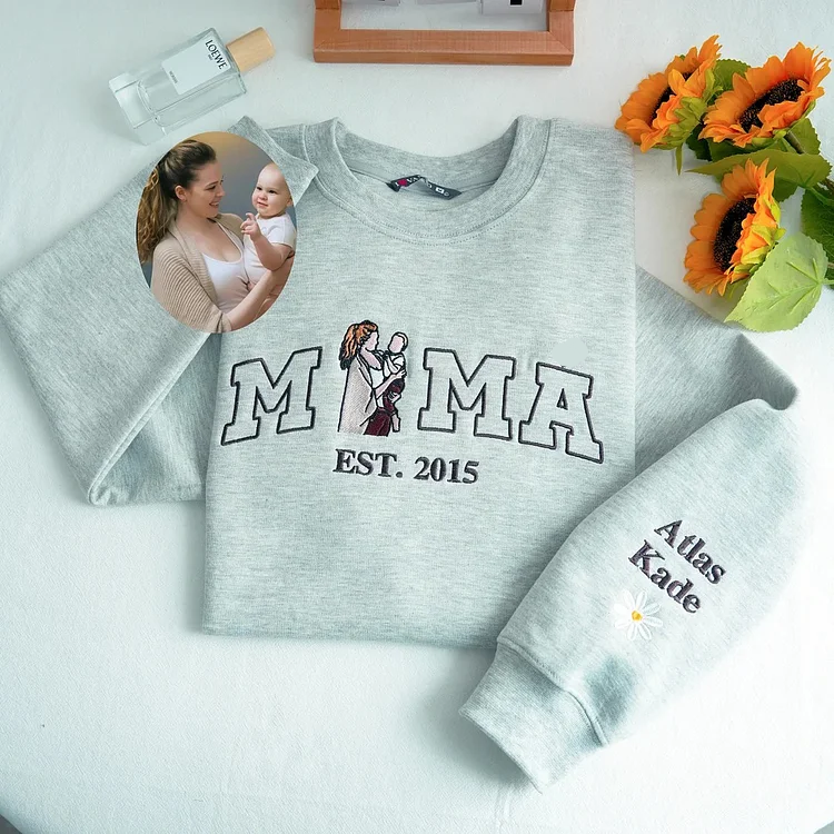 T-shirt maman avec photo, sweat-shirt brodé personnalisé avec portrait maman et enfant 