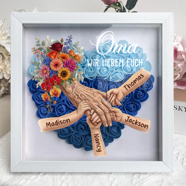 Personalisierte Schattenbox,Oma-Hand hält Schattenbox – Individuell gestalteter Rosenherzrahmen mit Namen für Oma | Muttertagsgeschenk von den Enkelkindern