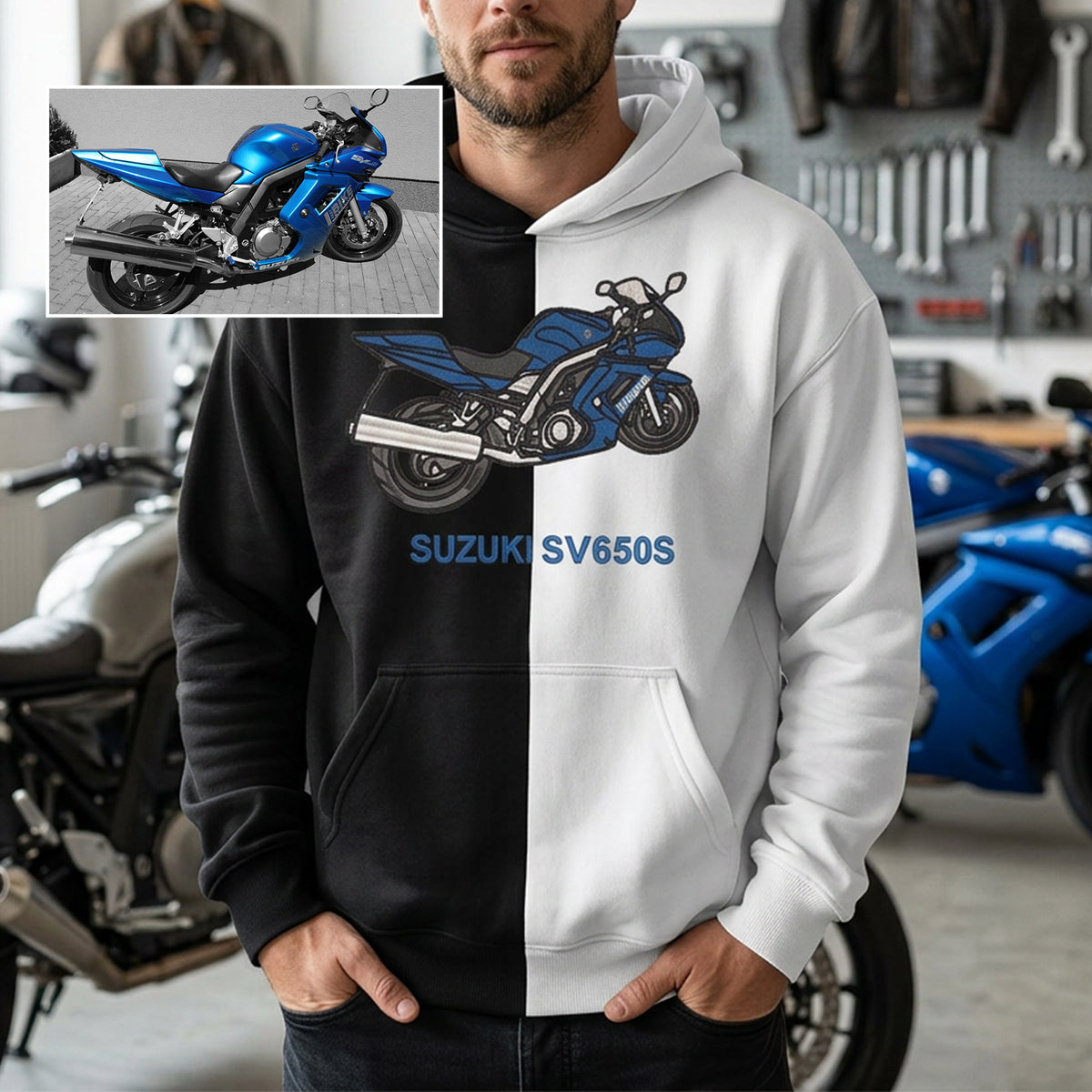 Maßgeschneiderter zweifarbiger Hoodie mit Motorrad-Stickerei – Personalisiertes Motorrad-Design 🏍️