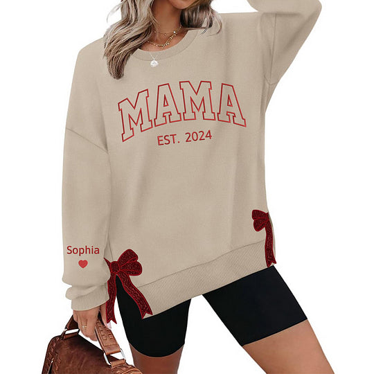 Mama-Sweatshirt mit Glitzer und seitlicher Schleife, benutzerdefinierte Stickerei