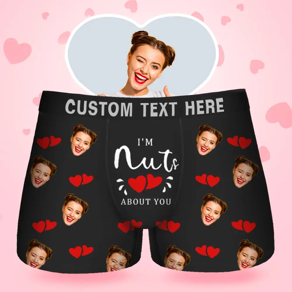 Benutzerdefinierte Gesichts-Herren-Boxershorts im I'M Nuts About You-Stil, Unterwäsche, Geburtstagsgeschenke für Ehemann, Boxer-Geschenk mit Bundtext