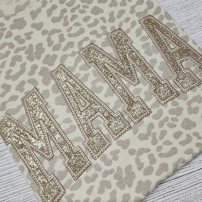 Besticktes Leoparden-Mama-Shirt, schwarzes Glitzer-T-Shirt, einfarbiges Muttertagsgeschenk für Mama