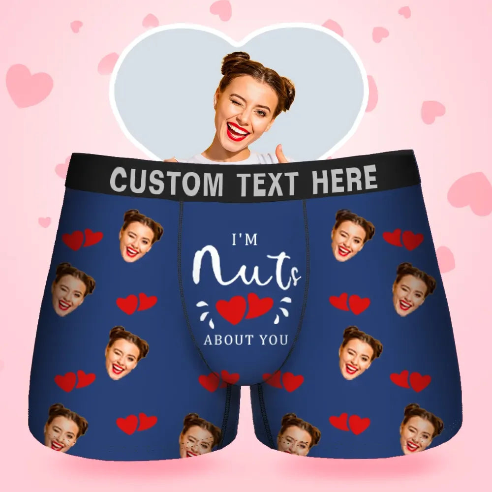 Benutzerdefinierte Gesichts-Herren-Boxershorts im I'M Nuts About You-Stil, Unterwäsche, Geburtstagsgeschenke für Ehemann, Boxer-Geschenk mit Bundtext