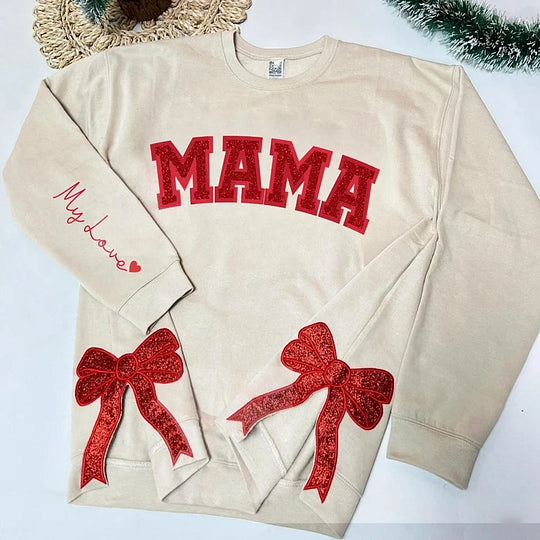 Mama-Sweatshirt mit Glitzer und seitlicher Schleife, benutzerdefinierte Stickerei