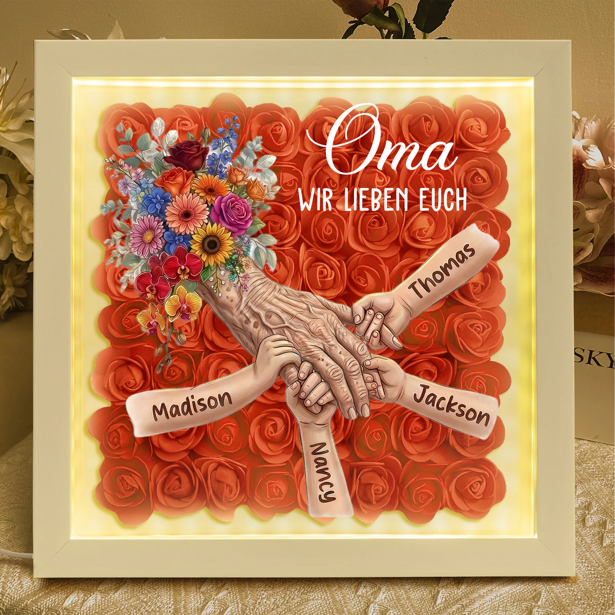 Personalisierte Schattenbox,Oma-Hand hält Schattenbox – Individuell gestalteter Rosenherzrahmen mit Namen für Oma | Muttertagsgeschenk von den Enkelkindern