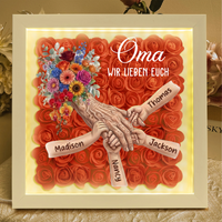 Personalisierte Schattenbox,Oma-Hand hält Schattenbox – Individuell gestalteter Rosenherzrahmen mit Namen für Oma | Muttertagsgeschenk von den Enkelkindern