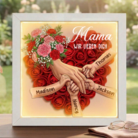 Personalisierte Gedenkbox „Mama hält Hände“ mit Nelkenmotiv – Individuell gestaltbarer Erinnerungsrahmen, Geschenk zum Muttertag in liebevoller Erinnerung