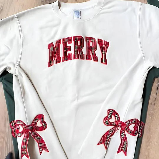 Fröhliches Sweatshirt mit seitlicher Schleife und Cut-Out, karierter Weihnachtspullover, trendige Kokette Schleife