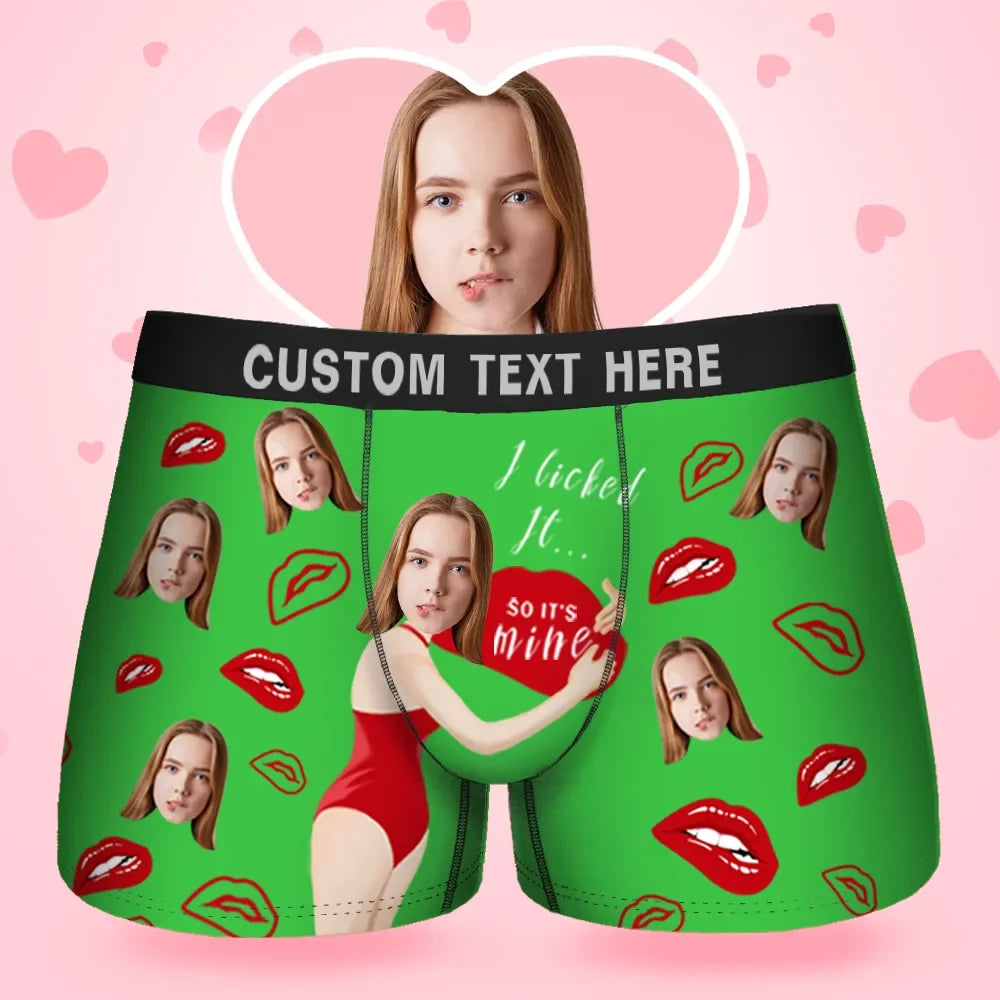 Herren-Boxershorts mit individuellem Gesicht „Come Baby I Licked It So It's Mine“, Geburtstagsgeschenke für Ehemann, Boxer-Geschenk mit Bundtext