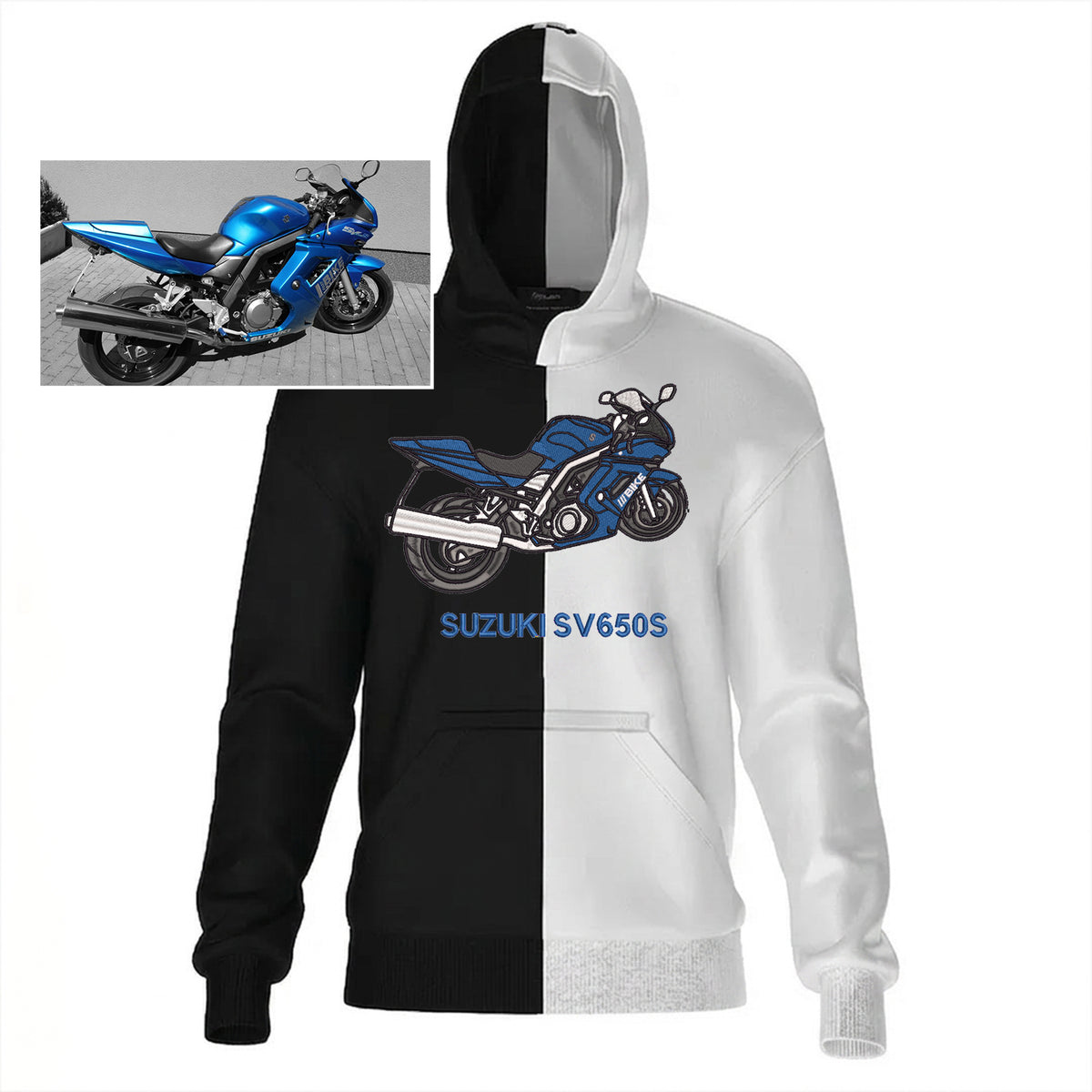 Maßgeschneiderter zweifarbiger Hoodie mit Motorrad-Stickerei – Personalisiertes Motorrad-Design 🏍️