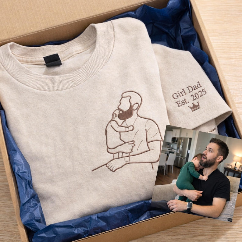 Personalisiertes Papa-Fotoshirt – Besticktes Porträt von Papa & Kindern – Individuelles Erinnerungsgeschenk zum Vatertag