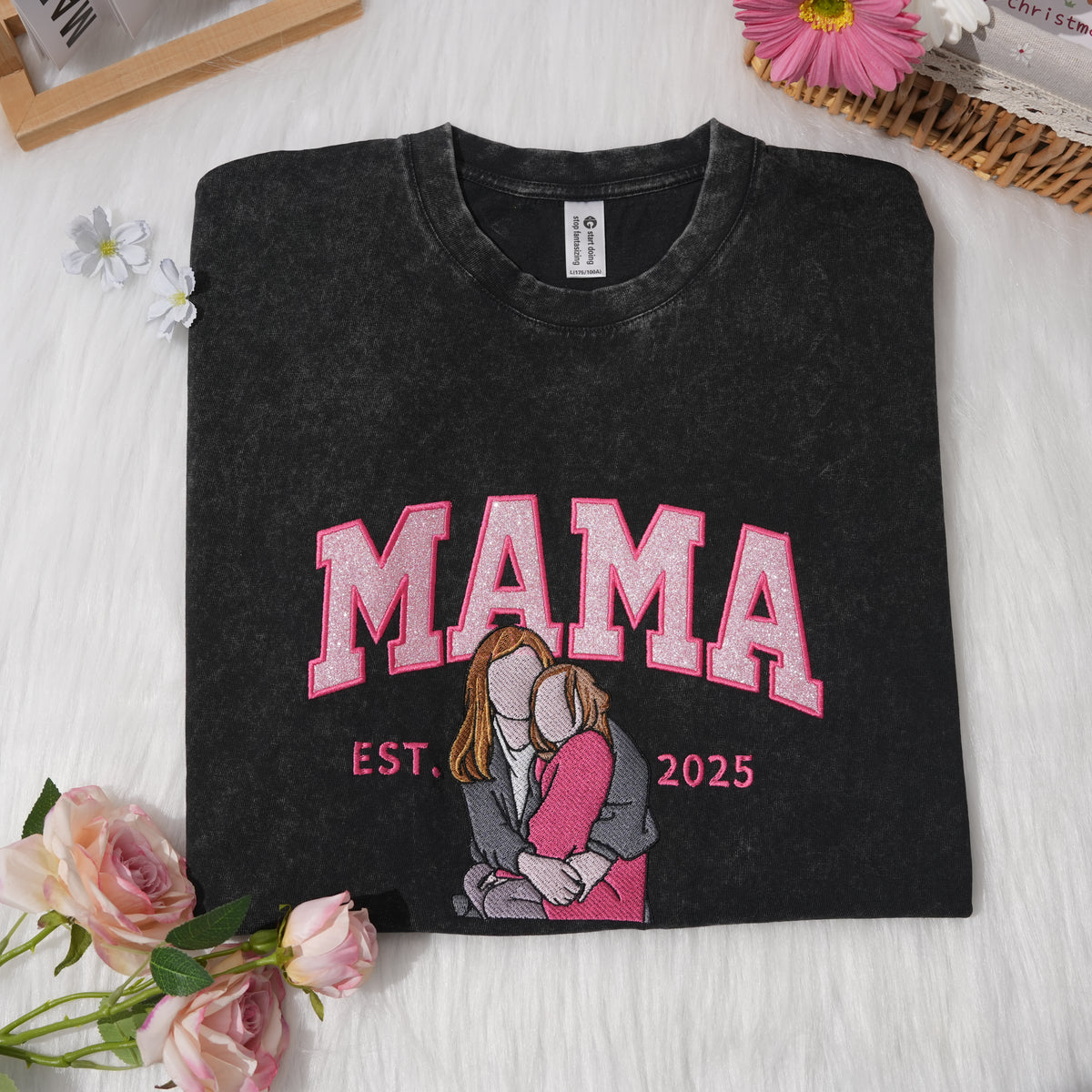 Meinegeschenk Personalisiertes Mama Kids Porträt-Glitzerstickerei Waschungs T-Shirt