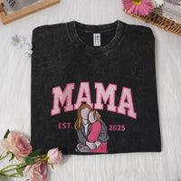 Meinegeschenk Personalisiertes Mama Kids Porträt-Glitzerstickerei Waschungs T-Shirt