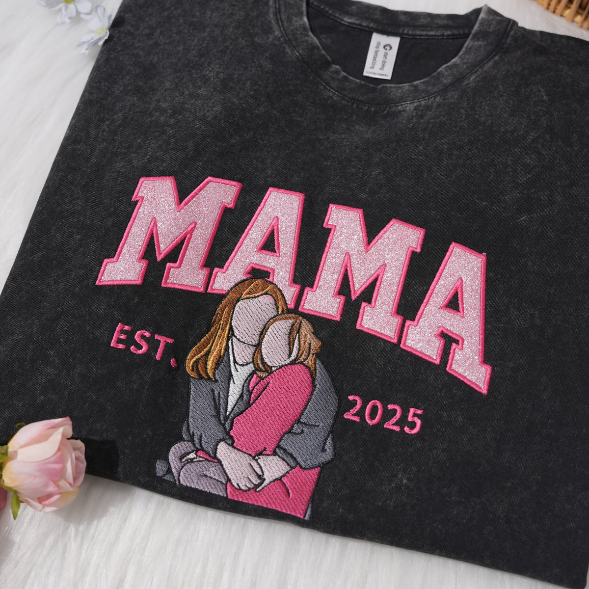 Meinegeschenk Personalisiertes Mama Kids Porträt-Glitzerstickerei Waschungs T-Shirt