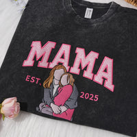 Meinegeschenk Personalisiertes Mama Kids Porträt-Glitzerstickerei Waschungs T-Shirt