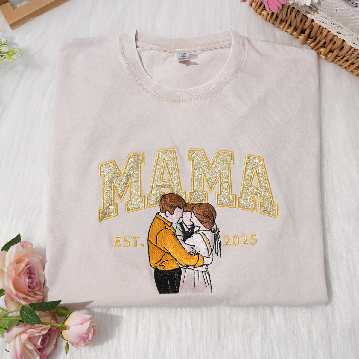 Meinegeschenk Personalisiertes Mama Kids Porträt-Glitzerstickerei Waschungs T-Shirt