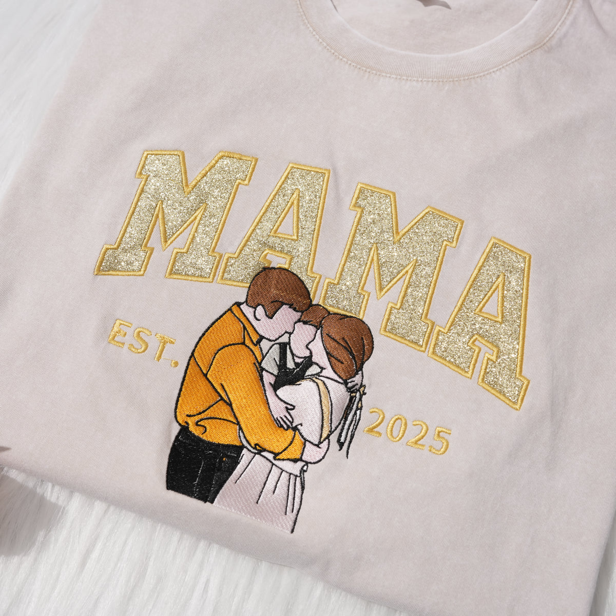 Meinegeschenk Personalisiertes Mama Kids Porträt-Glitzerstickerei Waschungs T-Shirt
