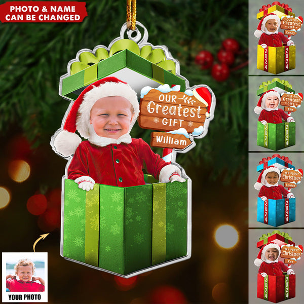 Unser schönstes Geschenk - Babys erstes Weihnachtsfest, personalisiertes Acryl-Fotoornament