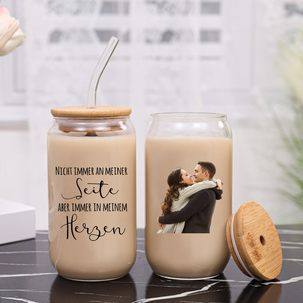 Gepersonaliseerde glazen drinkfles met foto – Niet altijd aan mijn zijde, maar altijd in mijn hart – Glazen beker met glazen rietje voor koppels