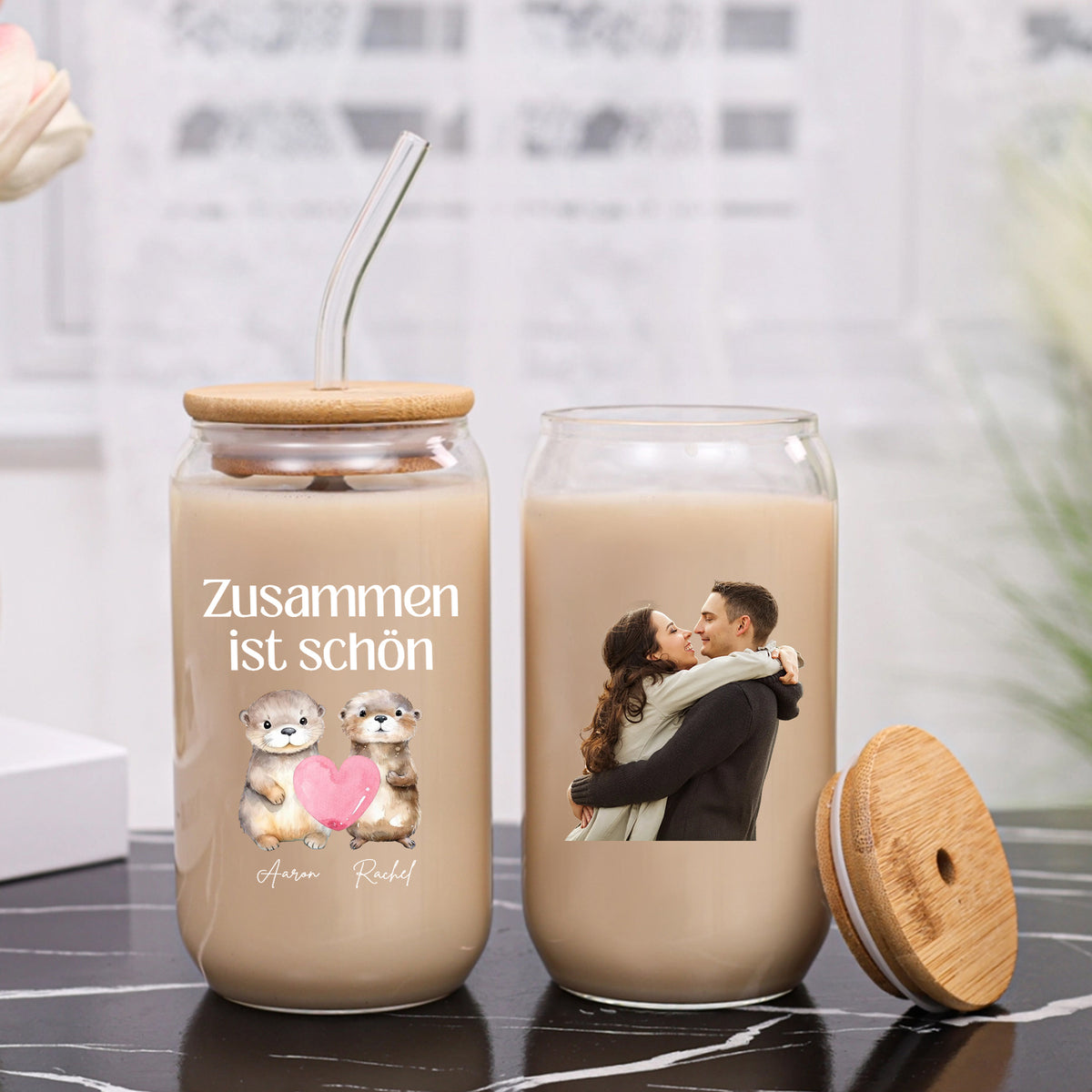 Gepersonaliseerde glazen drinkfles met foto – Niet altijd aan mijn zijde, maar altijd in mijn hart – Glazen beker met glazen rietje voor koppels