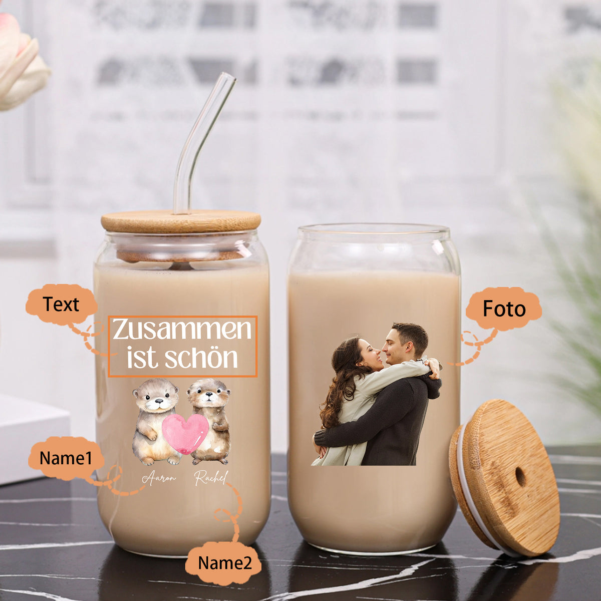 Gepersonaliseerde glazen drinkfles met foto – Niet altijd aan mijn zijde, maar altijd in mijn hart – Glazen beker met glazen rietje voor koppels