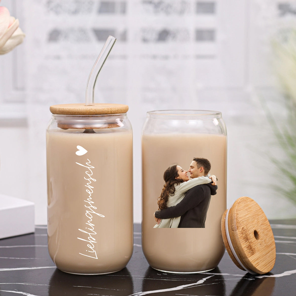 Gepersonaliseerde glazen drinkfles met foto – Niet altijd aan mijn zijde, maar altijd in mijn hart – Glazen beker met glazen rietje voor koppels