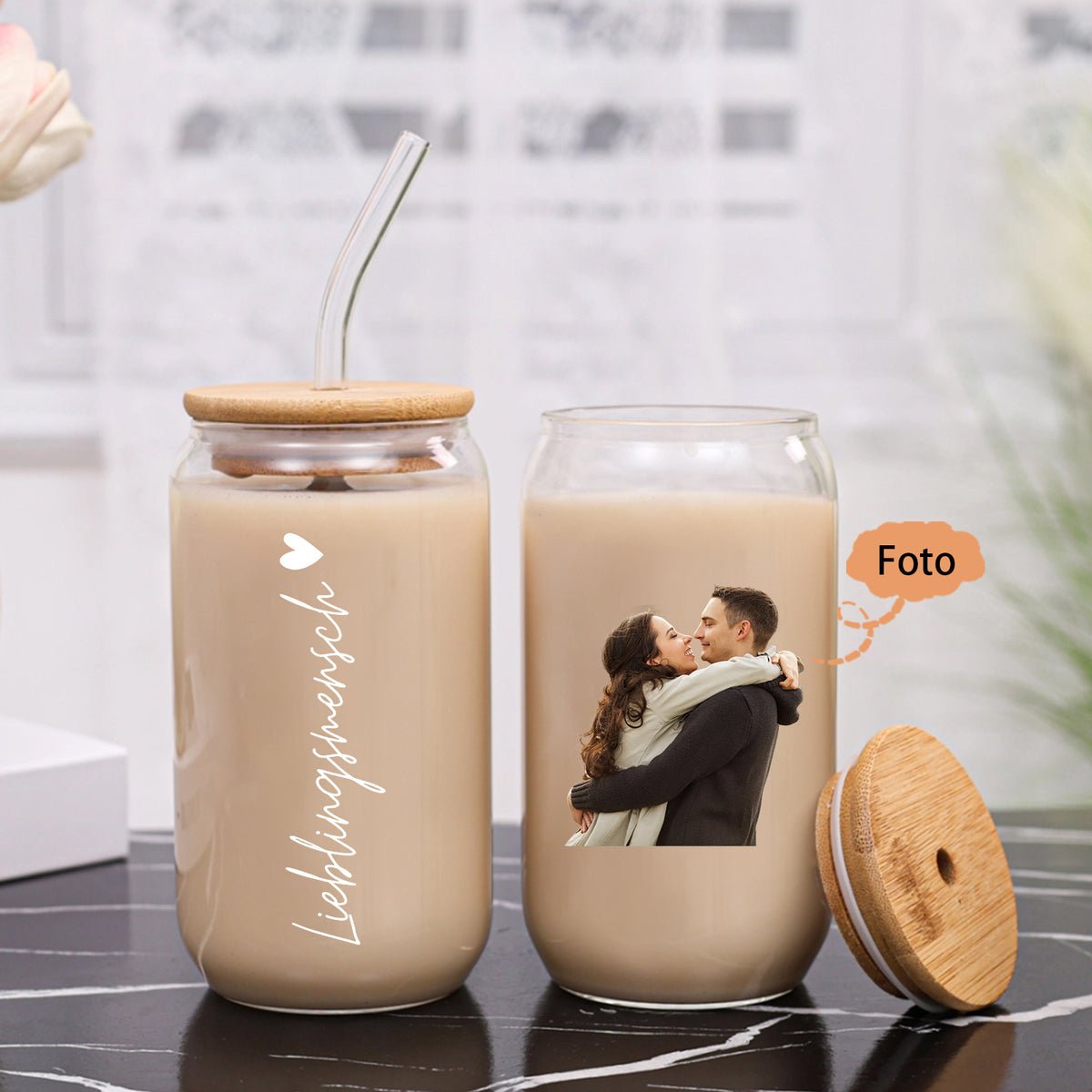 Gepersonaliseerde glazen drinkfles met foto – Niet altijd aan mijn zijde, maar altijd in mijn hart – Glazen beker met glazen rietje voor koppels