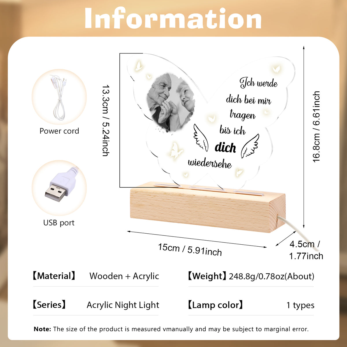 Personalisiertes Foto Schmetterling LED Nachtlicht – Ich werde dich bei mir tragen, bis ich dich wiedersehe – Gedenk-Acryl-Nachtlampe