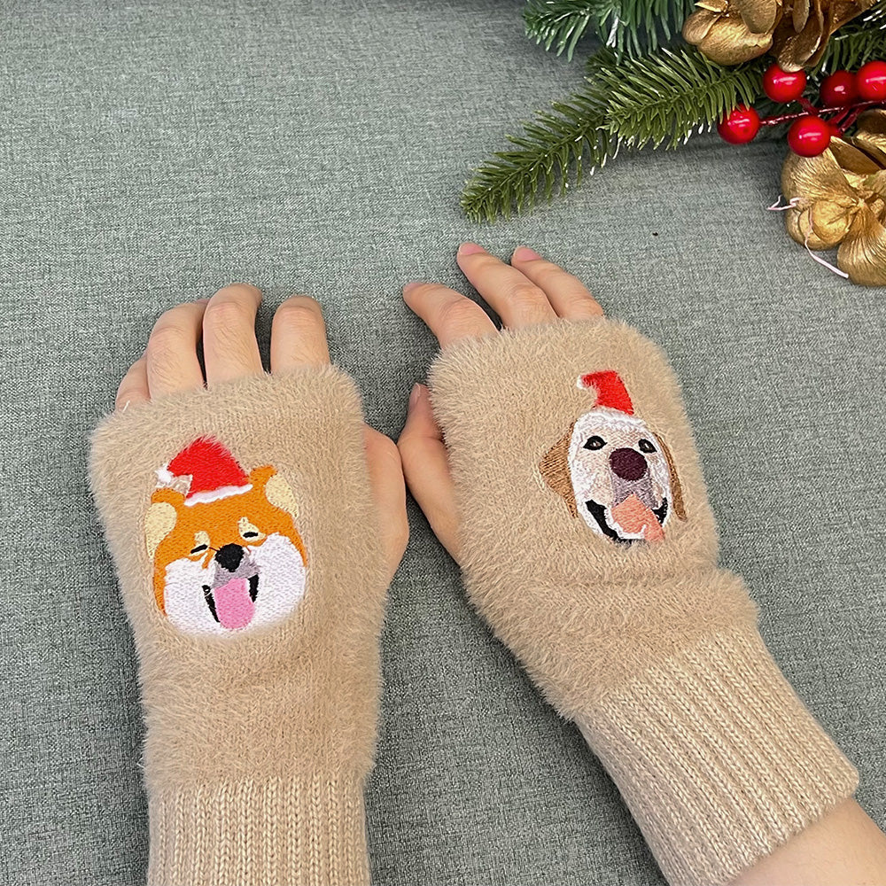 Personalisierte fingerlose Handschuhe mit gesticktem Tierportrait