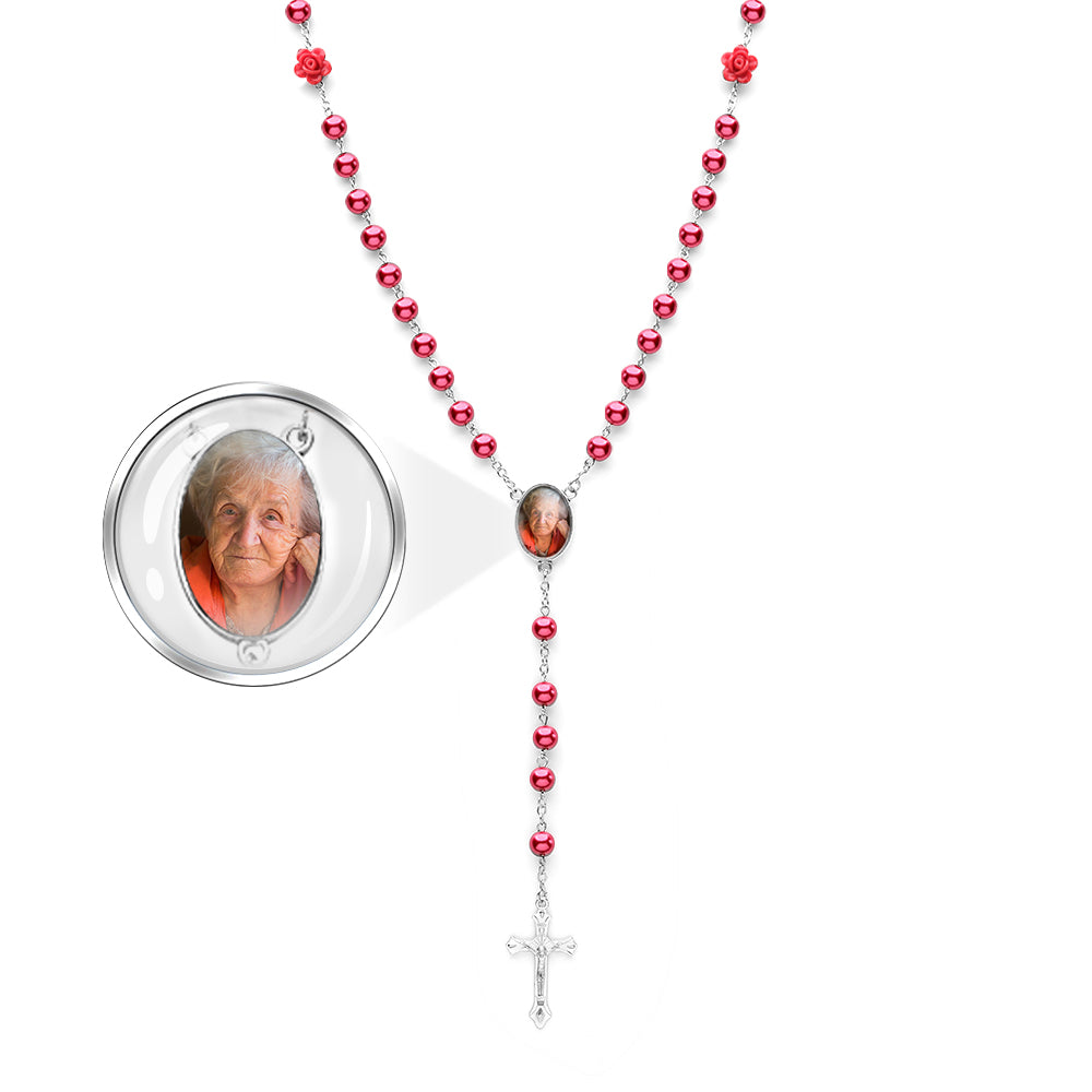 Benutzerdefinierte Rosenkranz-Kreuz-Halskette, personalisierte Glas-Imitationsperlen-Halskette mit Foto