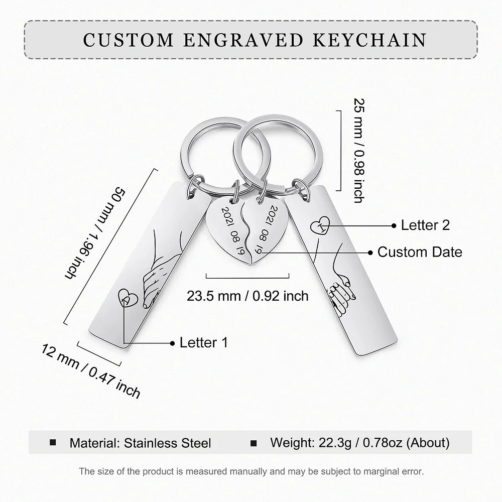 Personalisierbar 2 Buchstaben & Datum-Hand in Hand Herz Paar Metall-Schlüsselanhänger