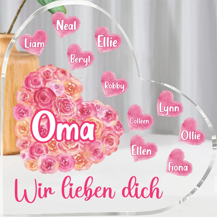 Personalisierte 1-10 Namen & 2 Texte Herz Rose Acryl-Deko Schreibtischdekoration für Mutter