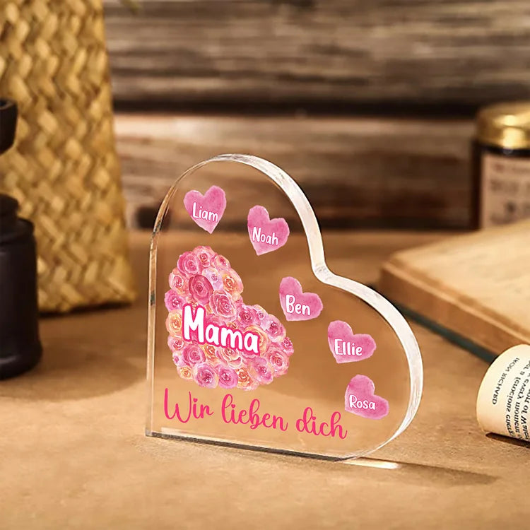 Personalisierte 1-10 Namen & 2 Texte Herz Rose Acryl-Deko Schreibtischdekoration für Mutter