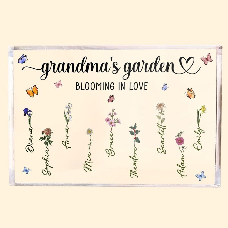 Personalisiertes Acrylblatt mit 1–12 Namen, Omas Garten blüht mit individuellen Geburtstagsblumen, Muttertagsgeschenk