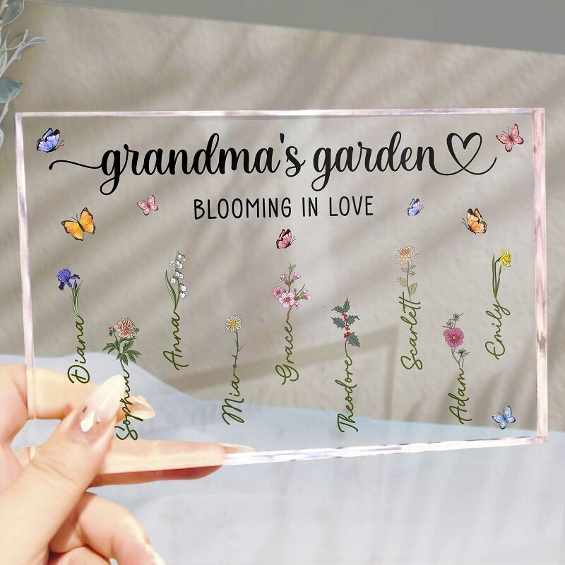 Personalisiertes Acrylblatt mit 1–12 Namen, Omas Garten blüht mit individuellen Geburtstagsblumen, Muttertagsgeschenk