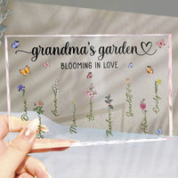 Personalisiertes Acrylblatt mit 1–12 Namen, Omas Garten blüht mit individuellen Geburtstagsblumen, Muttertagsgeschenk