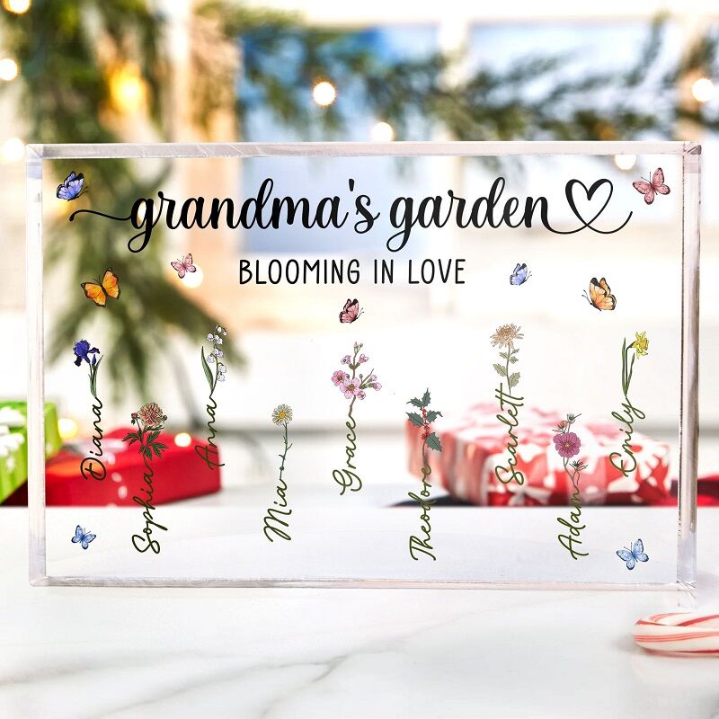 Personalisiertes Acrylblatt mit 1–12 Namen, Omas Garten blüht mit individuellen Geburtstagsblumen, Muttertagsgeschenk