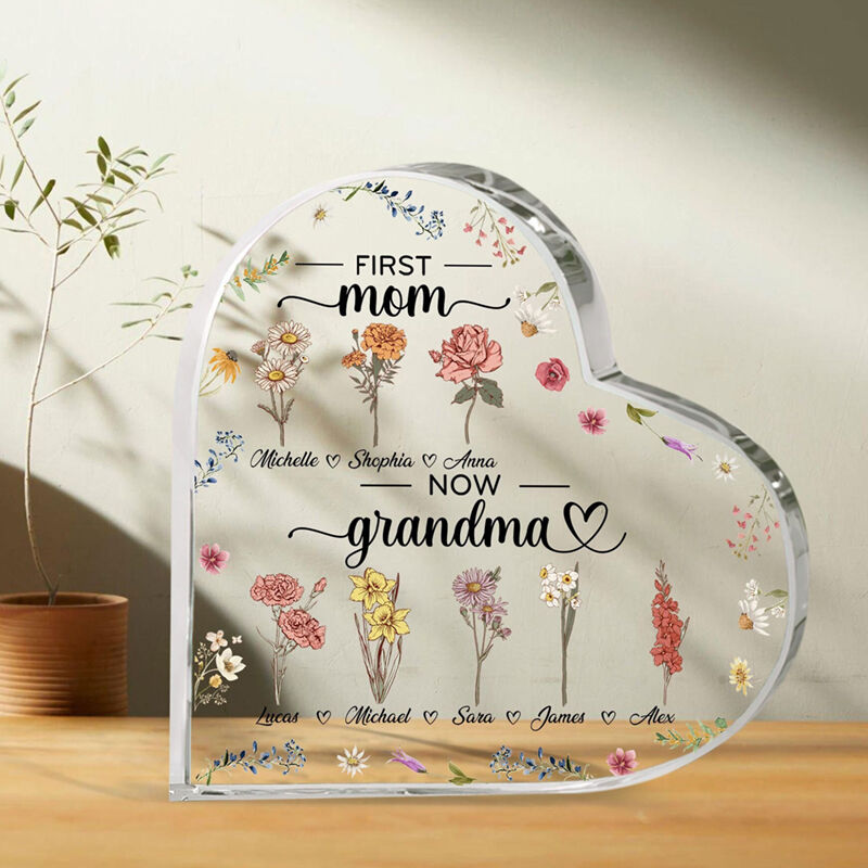Personalisierte herzförmige Acrylplatte mit 1–20 Namen, erste Mutter und jetzt Oma, individuelle Geburtstagsblumen, perfektes Muttertagsgeschenk