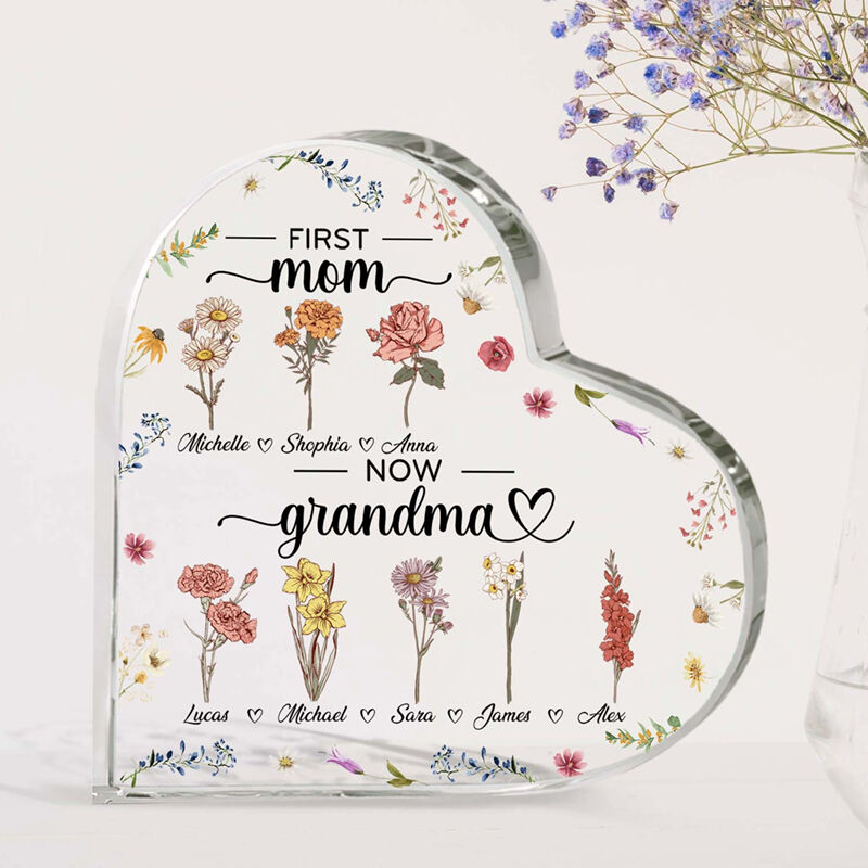 Personalisierte herzförmige Acrylplatte mit 1–20 Namen, erste Mutter und jetzt Oma, individuelle Geburtstagsblumen, perfektes Muttertagsgeschenk