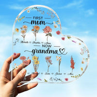 Personalisierte herzförmige Acrylplatte mit 1–20 Namen, erste Mutter und jetzt Oma, individuelle Geburtstagsblumen, perfektes Muttertagsgeschenk