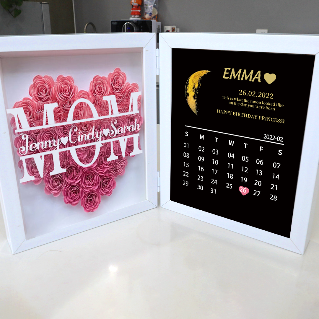 Muttertagsgeschenk ECHTE MONDPHASE Jubiläumskalender Individueller Blumenrahmen