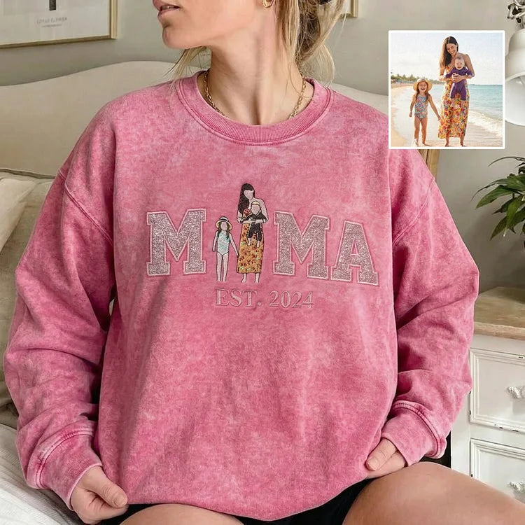 Ein funkelndes Geschenk für Oma: Personalisiertes Sweatshirt mit gesticktem Familienfoto und Glitzer