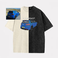 Maßgeschneidertes zweifarbiges Vintage-Wasch-T-Shirt mit vollfarbiger Auto-Stickerei – Personalisiertes Geschenk mit Autofoto 🚗