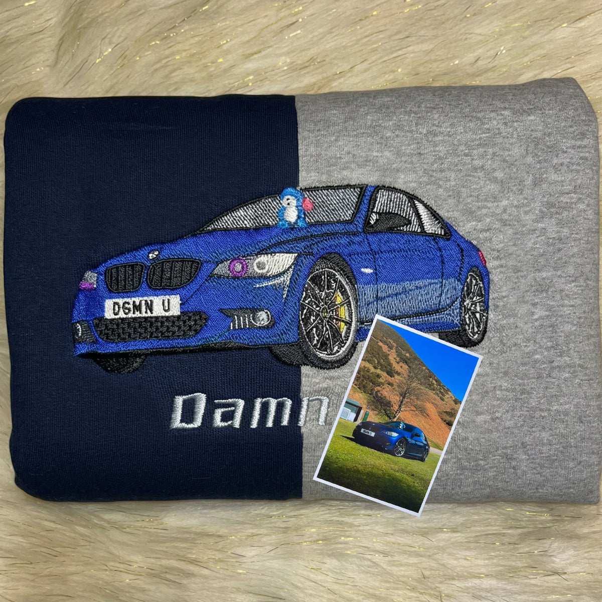 Maßgeschneiderter zweifarbiger Sweatshirt mit Auto-Stickerei – Personalisiertes Fahrzeug-Design 🚗
