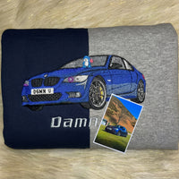 Maßgeschneiderter zweifarbiger Sweatshirt mit Auto-Stickerei – Personalisiertes Fahrzeug-Design 🚗