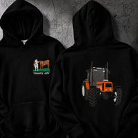 Bestickter Hoodie mit individuellem Traktorenmotiv - personalisiertes Logo auf der Vorderbrust & Traktorenmotiv auf der Rückseite