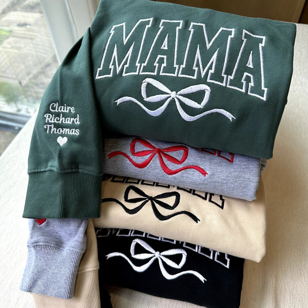 Besticktes Mama Schleifen-Sweatshirt mit Kindernamen, Geschenkidee für Mama