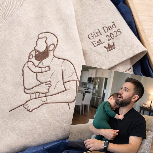 Personalisiertes Papa-Fotoshirt – Besticktes Porträt von Papa & Kindern – Individuelles Erinnerungsgeschenk zum Vatertag