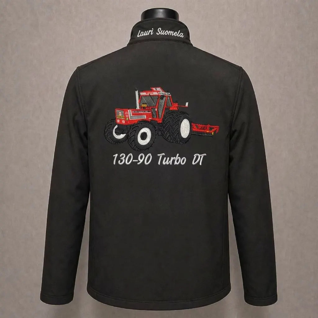 Bestickte Softshell-Jacke mit individuellem Traktorenmotiv - personalisiertes Traktoren-Design & individueller Text